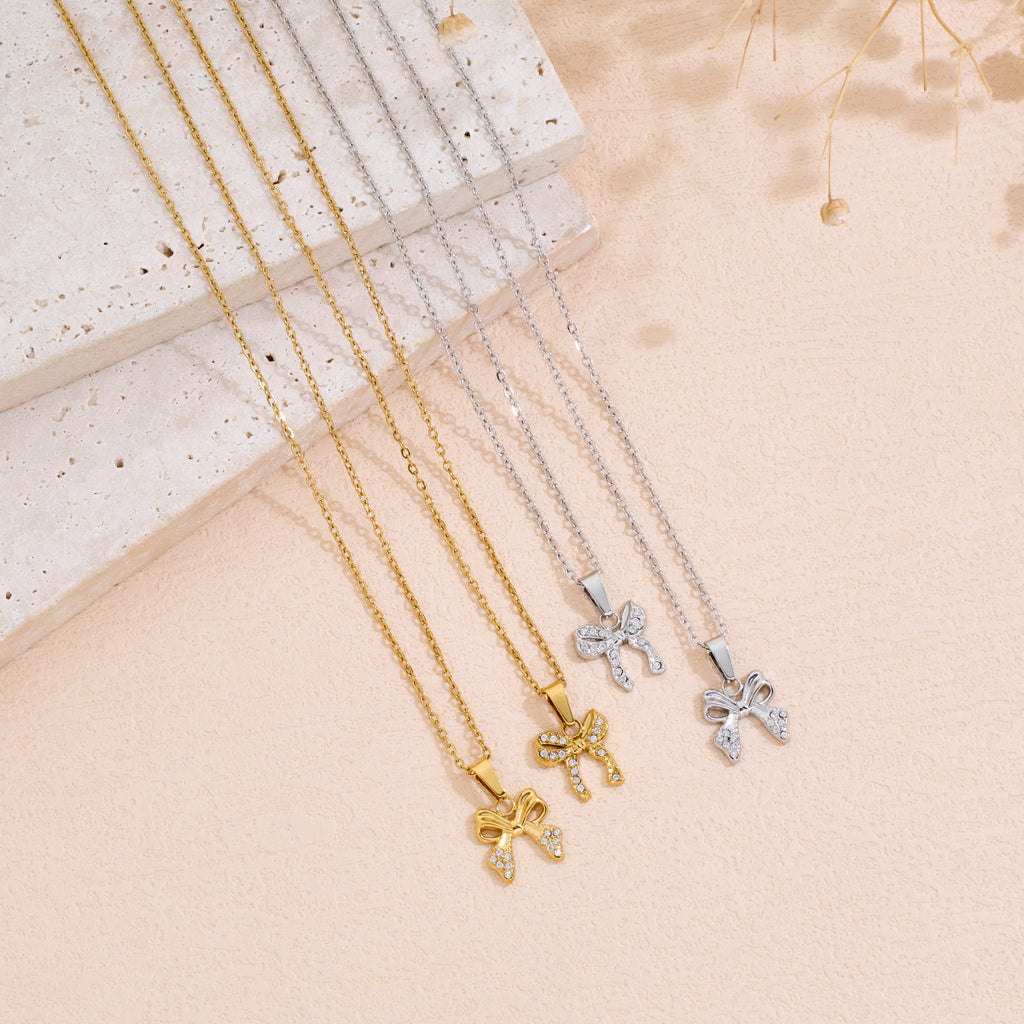 Inlaid Rhinestone Bowknot Pendant Necklace