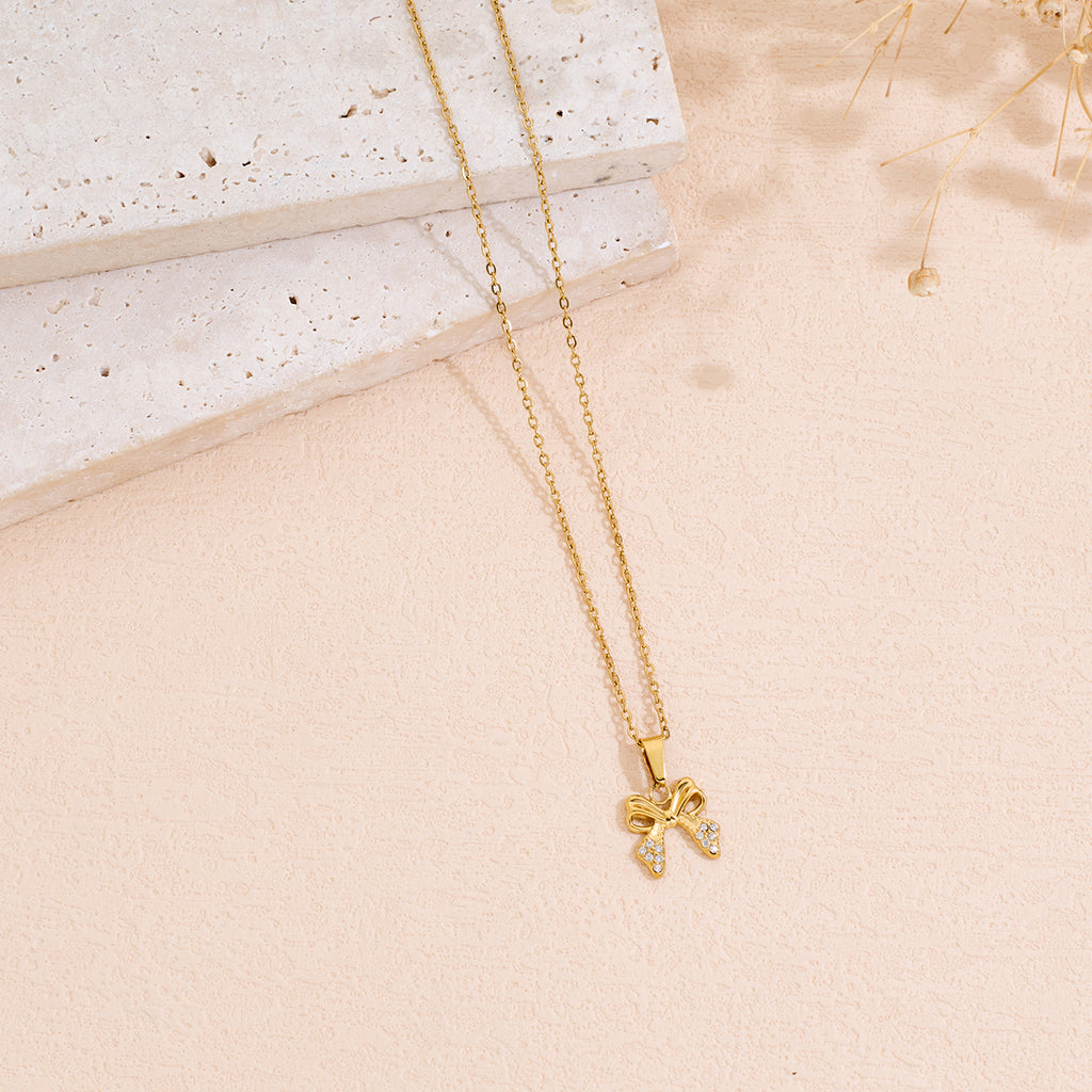 Inlaid Rhinestone Bowknot Pendant Necklace